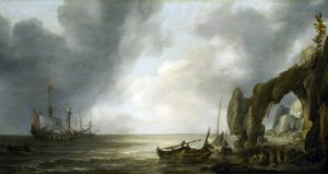 Nederlandse oorlogsschepen voor anker bij een rotsachtige kust, enkele bemanningsleden aan land, verzameld rond vismanden