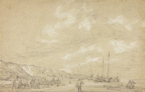 Vissers die netten drogen op het strand van Scheveningen