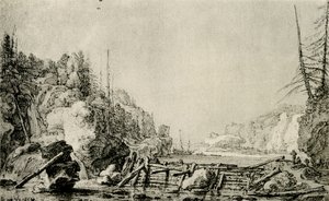 Landschap met een rivier tussen bergachtige oevers door Simon de Vlieger