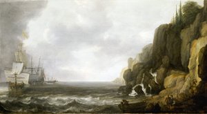 Bevoorrading van een squadron Nederlandse oorlogsschepen voor anker aan een rotsachtige kust