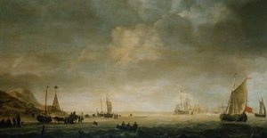 De kust bij Scheveningen met vissers op het strand door Simon Jacobsz. Vlieger