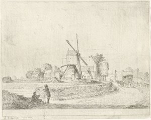Molen en huizen langs een landweg