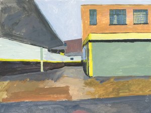 Garage, 2025 (acryl op papier) door Simon Neville
