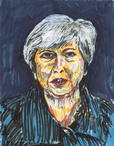 Theresa May, 2019 (inkt en acrylverfstiften op papier) door Simon Neville