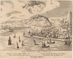 Rivierlandschap met de val van Icarus door Simon Novellanus after Pieter Bruegel the Elder