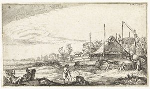 Landschap met rustende marskramers door Simon Poelenburg