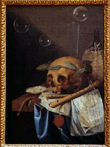 Vanitas stilleven met schedel, lauwerkrans, fluiten, partituur en wijnkan door Simon Renard de Saint Andre