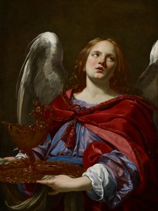 Engelen met attributen van de Passie: engel die het vat en de handdoek vasthoudt voor het wassen van de handen van Pontius Pilatus door Simon Vouet