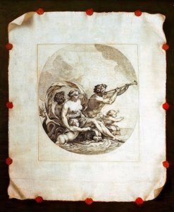 Trompe l’oeil met gravure van Galatea door Simon Vouet