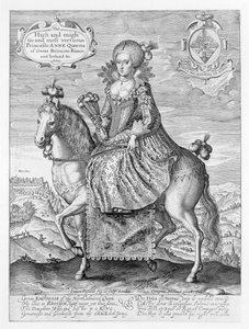 Ruiterportret van Anne van Denemarken (1574-1619) gegraveerd door de kunstenaar, uitgegeven door Compton Holland, 1616 door Simon de Passe