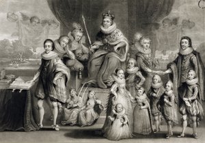 Zijne Majesteit Jacobus I en zijn koninklijke nageslacht samen met de familie van de koning van Bohemen, gegraveerd door Charles Turner, 1814