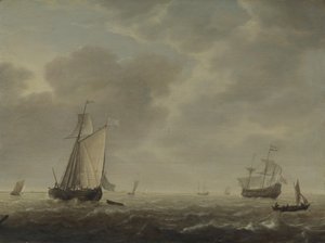 Een Nederlands oorlogsschip en verschillende schepen in een bries, c. 1640 door Simon de Vlieger