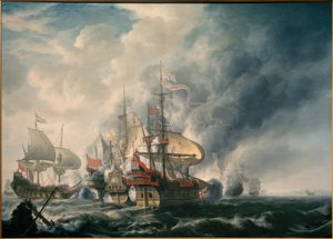 Admiraal Joris van Spilbergen in de slag voor de kust van Peru, 17 juli 1615 door Simon de Vlieger