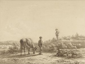 Jongen met koe en schaapherder door Simon van den Berg