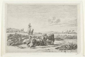 Landschap met herderin en hond bij kudde schapen door Simon van den Berg