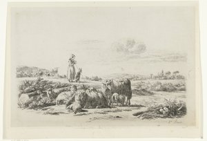 Landschap met herderin en hond bij kudde schapen