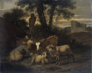 Italiaans Landschap met Herderin en Kudde door Simon van der Does