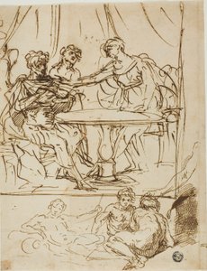 Judith met het Hoofd van Holofernes en Schetsen van Riviergoden (recto); Vrouwelijk Hoofd, Opwaarts Kijken (verso)