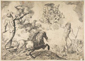 Jupiter, Neptunus en Pluto bieden hun kronen aan de wapens van kardinaal Borghese door Simone Cantarini