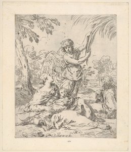 Rust in Egypte, Maria voedt het kind Christus terwijl een engel aan boomtakken trekt, ca. 1630-1648 door Simone Cantarini