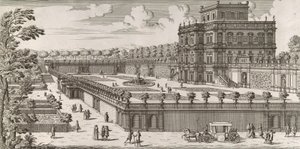 Zicht op de zijgevel van het Palazzo Pamphili en zijn tuin, na 1677 door Simone Felice