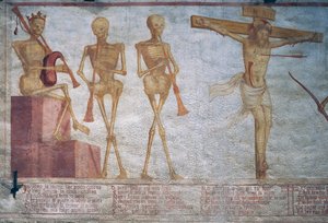 Drie skeletten spelen de dans van de dood en Christus aan het kruis (detail)