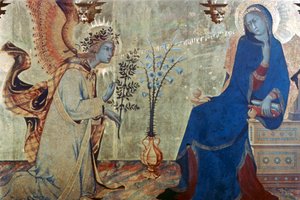 De Annunciatie en twee heiligen (detail)