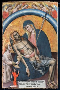 Rouw over de dode Christus met de opdrachtgever, Iohannes de Elthinl, door Simone dei Crocifissi, c. 1368. De Maagd wordt voorgesteld als Onze-Lieve-Vrouw van Smarten, met een zwaard in haar hart.