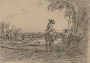 Vrouw op een paard met twee staande vrouwen die uitkijken over een landschap door Sir Augustus Wall Callcott