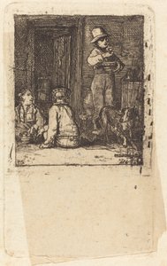 Interieur met Drie Jongens en een Hond door Sir David Wilkie