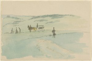 Landschap met figuren en een koets