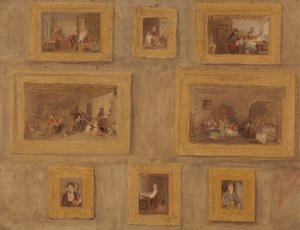Het enige kind; De jodenharp; De gesneden vinger; Blindemannetje; De huurdag; De Schotse doedelzakspeler; De Prieu-Dieu; en Zelfportret: Een schets van de acht schilderijen ingelijst en aan de muur hangend