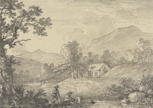 Twee figuren aan de rand van een vijver en een kerk in een heuvelachtig landschap door Sir George Howland Beaumont seventh Baronet