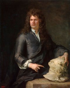 Portret van de houtsnijder Grinling Gibbons, 1648-1721, voor 1690 door Sir Gotfrey Kneller