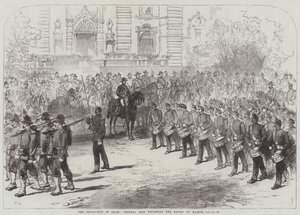 De revolutie in Spanje, generaal Prim inspecteert de troepen in Madrid door Sir John Charles Robinson