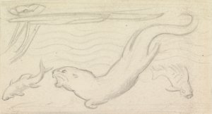 Glas-in-loodstudie, een otter en twee vissen door Sir John Everett Millais