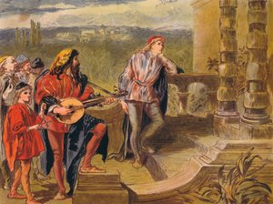 De muzikant zingt in De twee edellieden van Verona: Act IV Scene II, ca. 1875 door Sir John Gilbert