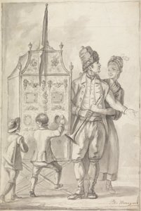 Studie van een kijkdoos met twee begeleidende figuren en twee kinderen