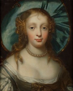 Damesportret met blauwe hoed door Sir Peter Lely