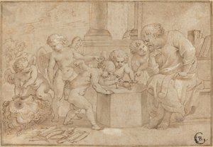 Oude man kijkt toe hoe putti een oog ontleden door Sir Peter Paul Rubens