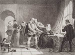 Mary Queen of Scots (1542-87) gedwongen haar troonsafstand te ondertekenen in Lochleven Castle in 1567, uit 