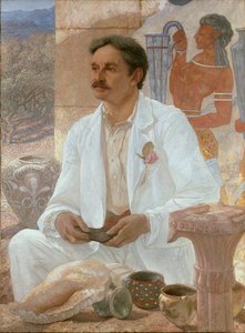 Sir Arthur Evans tussen de ruïnes van het paleis van Knossos