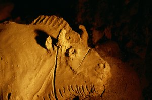 Detail van een bison gevormd uit klei ongeveer 14.000 jaar geleden uit de Tuc d
