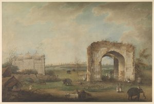 Uitzicht op een Moskee en Poort bij Motijhil, ca. 1814-23 door Sita Ram (attr. to)