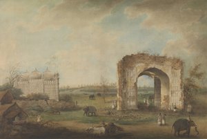 Uitzicht op een moskee en poort bij Motijhil, ca. 1814-23 door Sita Ram.