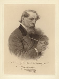 Portret van Charles Dickens met zijn pen door Solomon (after) Eytinge