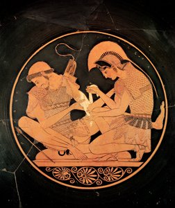 Interieur van een attic roodfiguur kylix met Achilles die de gewonde Patrocles verzorgt, uit Vulci, c.500 v.Chr.
