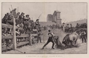 Een stierengevecht in een dorp in Spanje (gravure)