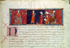 Een vrouw legt een eed af voor koning Jacobus I (1207-76) van Majorca, uit de Capbreu de Clayra et de Millas, 1292 door Spanish School