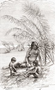 Een familie van Sápora inboorlingen op een zandbank naast de Napo rivier, Ecuador door Spanish School